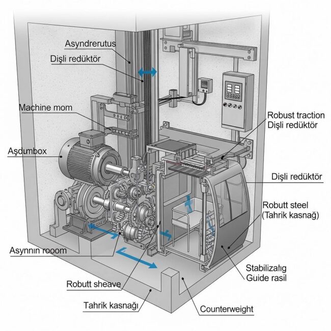 Makina Daireli Asansör Çeşitleri Tahrik Sistemine Göre Dişli Redüktörlü Asenkron Motorlu Asansörler Yapısı ve Çalışma Şekli